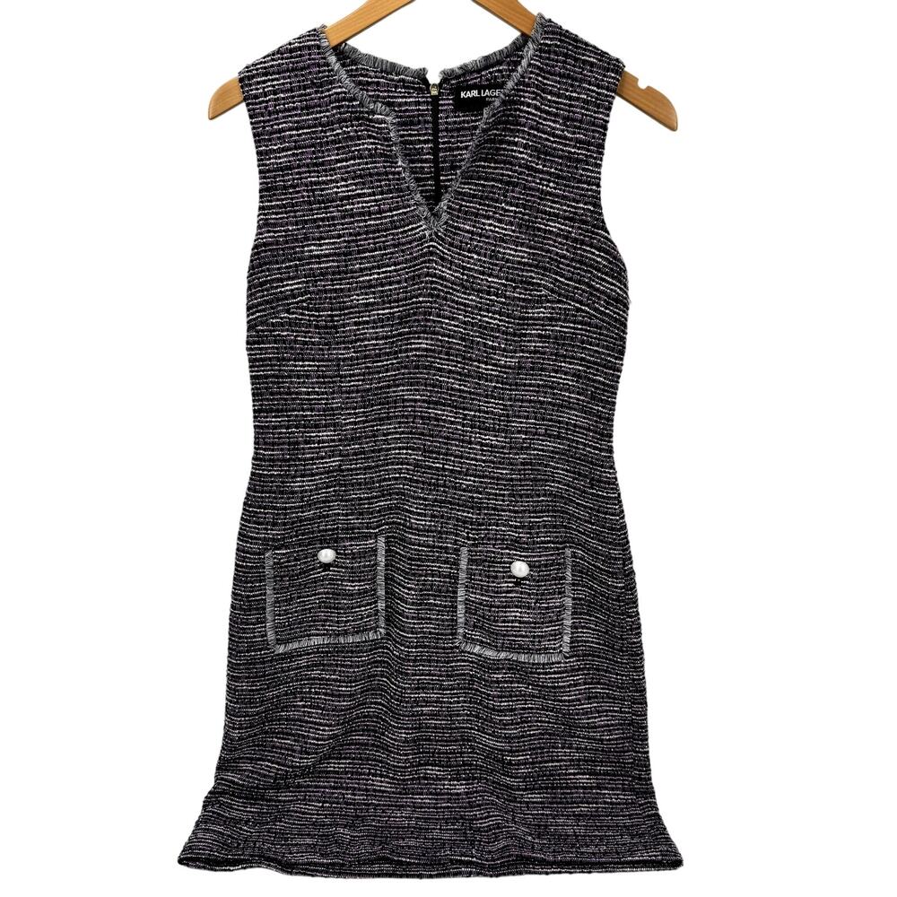 Karl Lagerfeld Dress Womens 6 Purple Black White Tweed Sheath V-Neck Knee Length